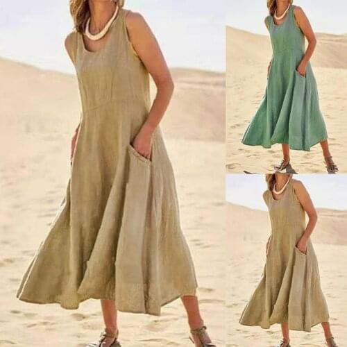 Summer New Cotton Linen Tank Dress Women Casual Solid A-Line Sleeveless Pocket Dress Loose Mid-Calf Desert Wear Dresses