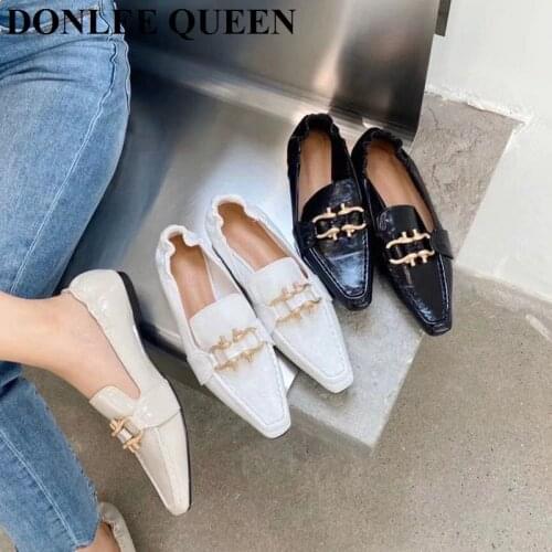 2020 Fashion Women Flats Ballet Shoes Slip On Loafers Brand Metal Buckle Ballerina Elastic Moccasins Square Toe Zapatillas Mujer
