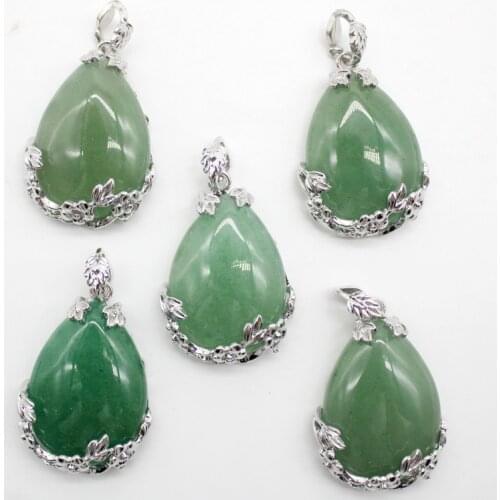 6pcs/lot Natural Stone alloy water drop Beads Crystal Green Aventurine pendants DIY for Handmade Necklace Lucky Healing Jewelry
