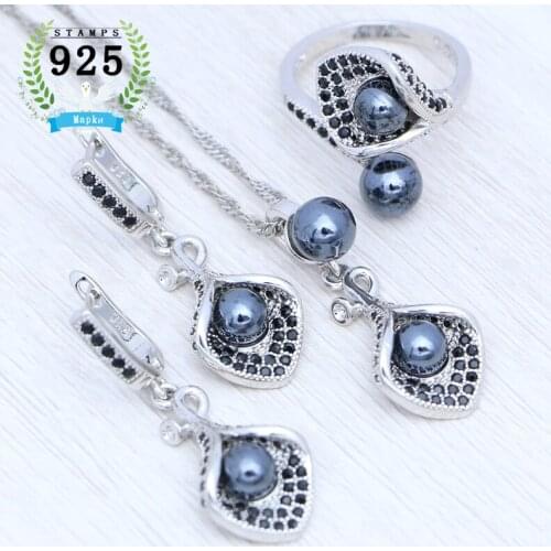 925 Silver Jewelry Set Black Pearl Spinel Earrings Adjustable Size Opening Ring Pendant Chain Punk Style Jewelry for Women