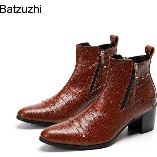 Batzuzhi Men Pointed Toe Genuine Leather Men Boots 7cm High Heel Boots Ankle Black/Brown Cool Party&Wedding Bota Masculina