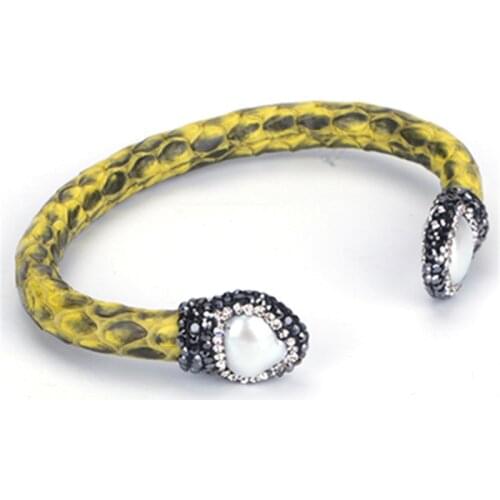 Real Snake Leather Natural Freshwater Pearl Beads Rhinestone Charm Jewelry Yellow Wrap Open Bracelet Cuff Bangle for Women Man