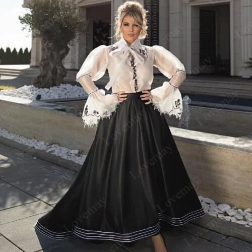 Black and White Caftan Muslim Evening Dresses Long Sleeves Lace Appliques Prom Dresses Formal Party Gowns Vestidos De Fiesta