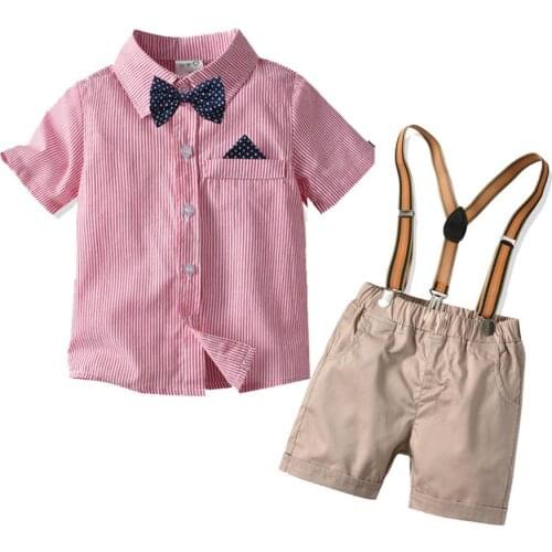 Kids Boy Gentleman Clothes Set Summer White Pink Striped Shirt Suit Suspenders Shorts Formal Toddler Ouffit 1 2 3 4 5 6 Years