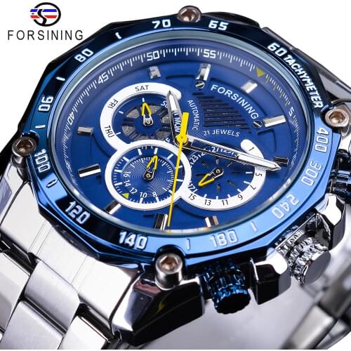 Forsining 2019 New Blue Design Complete Calendar 3 Small Dial Silver Stainless Steel Automatic Mechanical Watches for Men Clock
