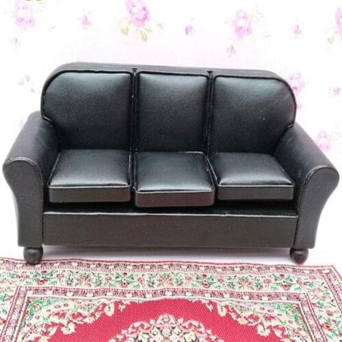 1/12 Dollhouse Three-People Sofa Leather Couch Living Room Furniture Black