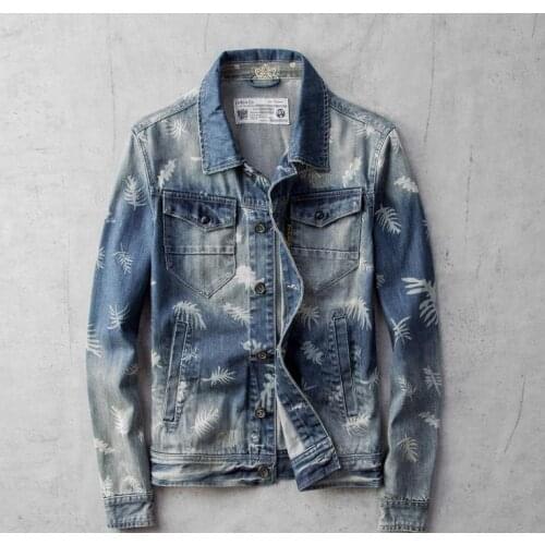 Mens Denim Fashion Print Biker Jacket Blue Ripped Vintage Casual Slim Fit Jeans Coat Drop Shipping