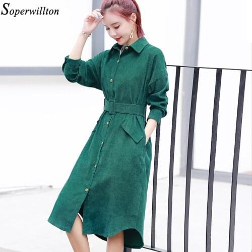 Autumn Winter Long Shirt Dress Women Elegant Ladies Dreses 2021 Long Sleeve Green Yellow Vintage Dress Pocket Belt Vestido J50