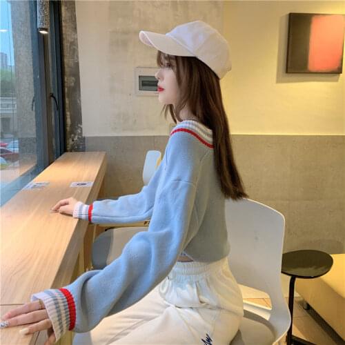 Spring Loose Fashion Stitching Contrast Color Zipper Short Long-Sleeved Sweater Top for Women