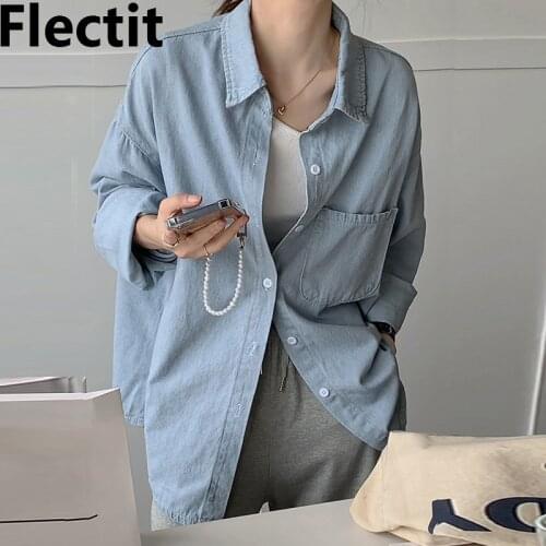 Flectit Denim Shirt Women Oversized Long Sleeve Turn-down Collar Chest Pocket Button-up Loose Boyfriend Shirt in Light Blue