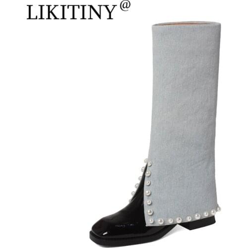 NEW LIKITINY 2021 Spring Autumn Womens shoes Crystal Rhinestone Round Toe Denim Knee High Boots Big size 40