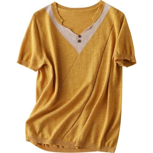 75% Linen10% Cotton Thin Summer Pullover Tops Feminino Patchwork Office Lady V-Neck Womens New Arrival Sweaters