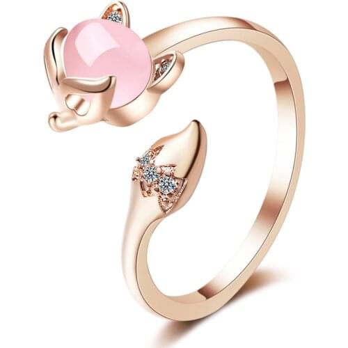Pink Synthetic Opal Cubic Zirconia Fox Rose Gold Color 925 Sterling Silver Ring For Women Korean Index Finger Ring Jewelry Gift