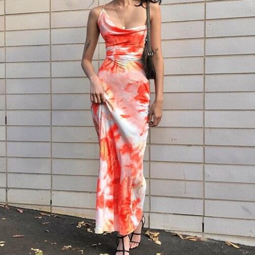 Women Sexy Slip Dress 2021 Orange Tie-dyed Printed Pattern Sleeveless Boat Neck Bodycon Long Dress S/ M/ L/ XL/ XXL