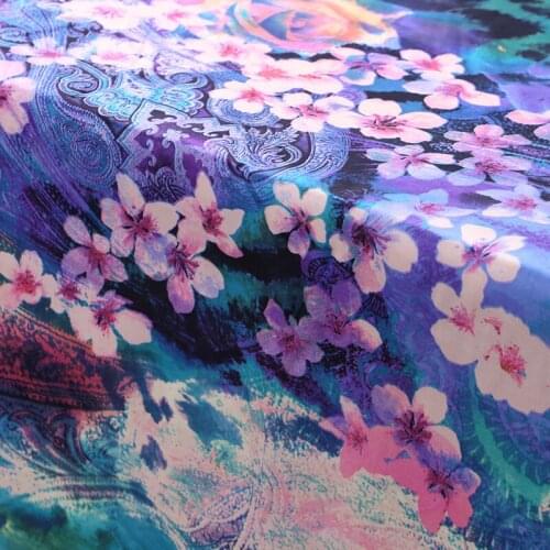 118cm*100cm Pink Blue Floral Natural Silk Fabric Stretch Satin Spandex
