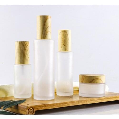 1pc 30g 50g Empty Refillable Glass Jars With plastic imitation wood lids 30ml 60ml 80ml 120ml Cream Lotion Pump Bottles