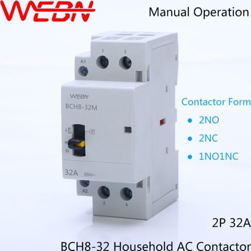 BCH8-32M Series 2P 32A Manual AC Household Contactor 220V/230V 50/60Hz Contact 2NO/1NO+1NC/2NC Din Rail Modular Contactor