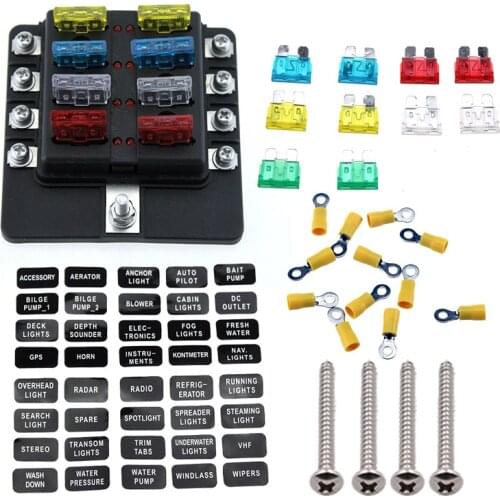8 Circuit LED Fuse Block Fuse Box with screw terminal with accessories and kits for Car Boat Marine Trike