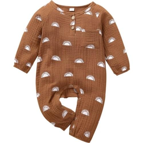 Clothes For Newborns Baby Girls Boys Button Jumpsuit Creative Sun Printing Front Pocket Long Sleeve Round Collar Romper Clothing