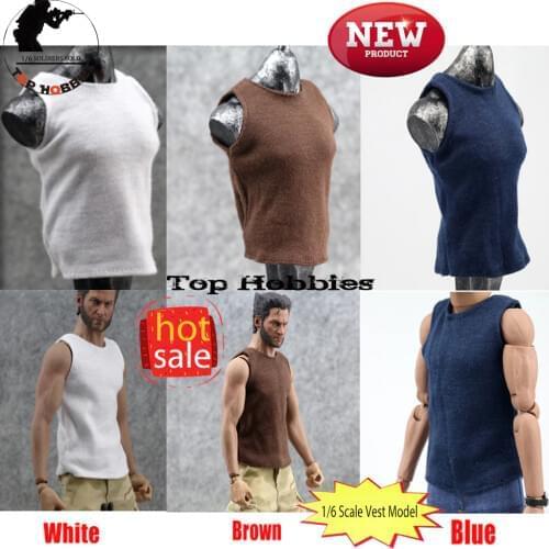 White/Brown/Blue 3 Colors 1/6 Scale Action Figure Accessory Male Vest Round Neck Sleeveless Vest Cotton F 12"Muscle Body Figure