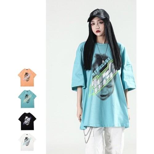 Summer New Mens American Style High Street Dark Spoof Character Printing Loose Oversized Short-sleeved T-shirt Hip-hop Couple