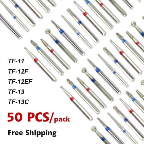 JNSUR 50pcs Dental Burs Diamond Drills TF-11/TF-12F/TF-12EF/TF-13/TF-13C High Speed Handpiece Dentistry Surgery Polishing Tool