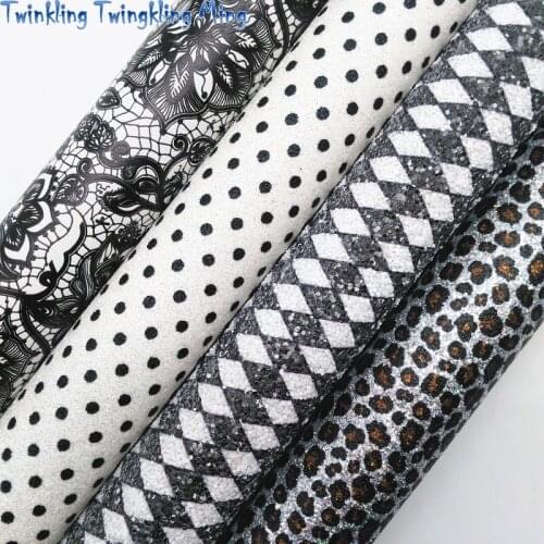 Black Leopard Diamonds Printed Glitter Leather, Lace and Polka Dots Printed Faux leather 21x29CM Twinkling Ming KM463