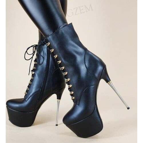 LAIGZEM SUPER Women Ankle Platform Boots 16CM Stiletto Heels Pole Dance Booties Party Club Black Shoes Woman Size 33 41 42 43