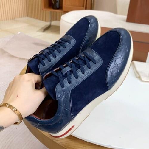 Textured cowhide Leather Patchwork Men Sneakers Lace Up Thick Sole Outdoor Trainers Round Toe Comfort Vulcanized Flat Shoes Male