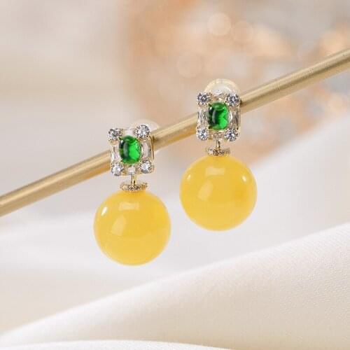 Natural 925 sterling silver gilt inlaid round beads amber earrings temperament sterling silver women earrings