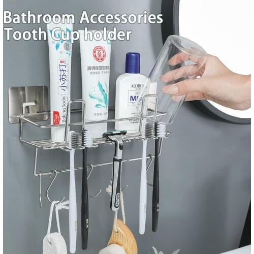 Stainless Steel Toothbrush Holder Finishing Bathroom Multi-Functional Storage Rack Toothbrush Toothpaste Hole-Free Storage Rack