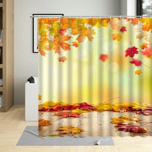 Autumn View Shower Curtain Maple Leaf Fallen Leaves Umbrella Natural Landscape Bathroom Decorative Cloth With Hook Washable