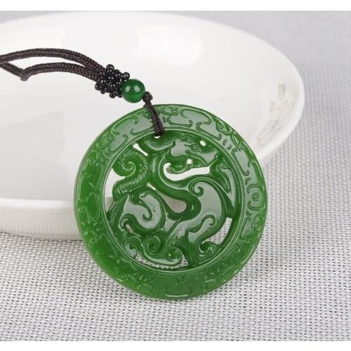 Green Jades Retro Dragon Jades Pendant Genuine Fine Carved Hollow Dragon Pendant for Men & Women +Rope Chain Necklace Wholesale