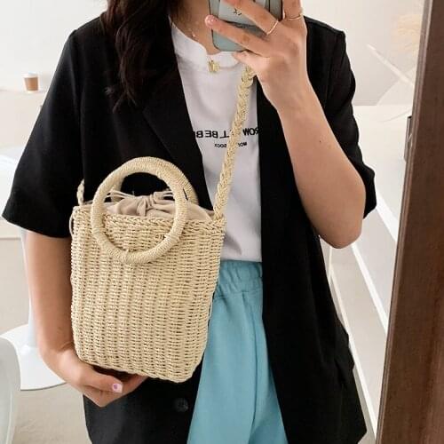Casual Round Handle Woven Straw Bags for Women Handbag 2021 Branded Bali Braided Shoulder Crossbody Bag Female Travel Purse New