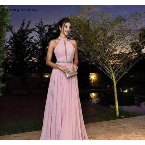 Pink Halter Evening Dress Keyhole Neck Beaded Sash Long Formal Holiday Wear Prom Party Gown Custom Made Plus Size