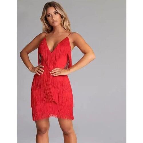 Sexy Deep V-Neck Backless Bodycon Dress Women Summer Fringe Tassel Sleeveless Dresses Ladies Club Party Mini Vestidos 2021