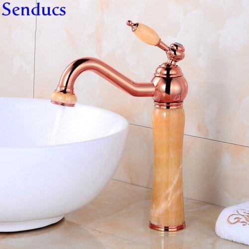 Senducs Rose Gold Bathroom Mixer Tap and Jade Stone Basin Sink Faucet Deck Mounted Hot Cold Brass Bathroom Basin Faucet
