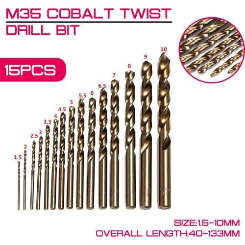 15pcs/set M35 Cobalt Twist Drill Bit HSS-CO 1.5-10mm High Speed Steel 40-133mm Length Wood Metal Drilling Top Quality