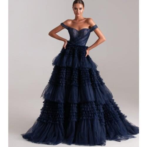 Navy Tiered Skirts Evening Dress A Line Off the Shoulder Sweep Train Prom Dresses Ruffles Vestidos Formal Celebrity Gowns
