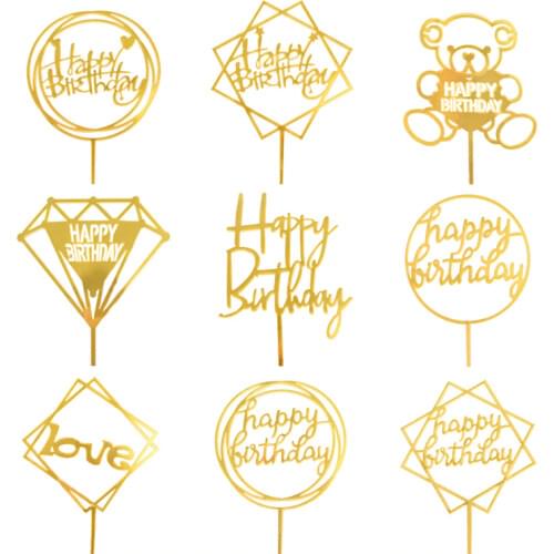 Happy Birthday Cake Topper Acrylic Gold Silver Cake Flag Cupcake Topper For Boy Girl Birthday Party Decorations Wedding Supplies