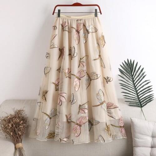 Spring Summer New High Elastic Waist Swing Skirt Mid-length Sequins Dragonfly Pleated Female Casual Womens Mesh Skirts DS190