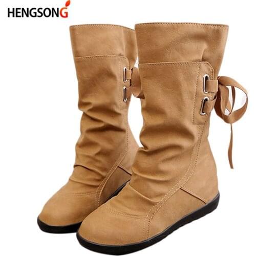 Women Winter Boot Lace-Up Mid-Calf Boot Solid Wedges Height Increasing Shoes Female Lady Casual Leather Boot Fashion Botas