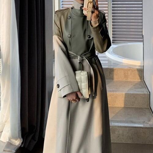 2021 Winter New Women Stylish Pu Leather Bandage Trench Coat Chic Double Breasted Panelled Patchwork Casual Windbreaker Overcoat