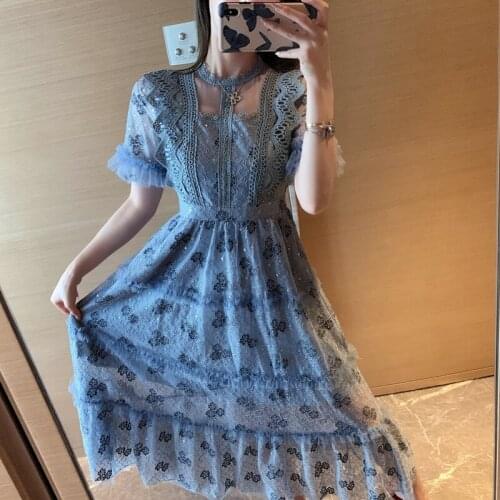 2021 New Fashion Womens Vintage O-Neck Runway Dress Ladies Short Sleeve Mesh Patchwork Lace Slim Ruffle Dress