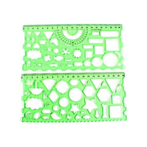 2pcs Clear Green Plastic Stationery Measuring Drawing Template Ruler Guide