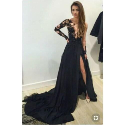2020 New Sexy Black Long Sleeves Formal Evening Dress Slim Fit Side Split Prom Party Gowns Train Length Custom Made Elegant Prom