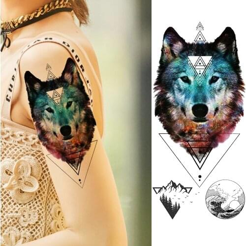 Watercolor Wolf Temporary Tattoos Sticker Waterproof Geometric Fake Mountain Tatoos For Women Men Fashion Body Art Tatoo Sticker