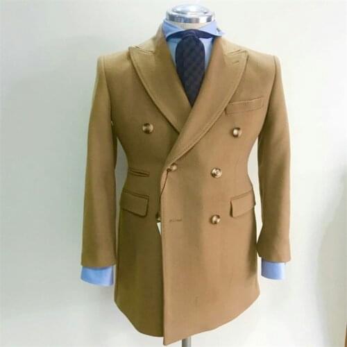 One Piece Men Suits Wool Designer Khaki Long Groom Suit Customized Tuxedo Fit Party Outfit Handsome Formal Coat For Best Man