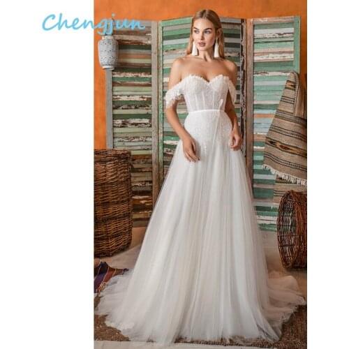 Chengjun Sweetheart Neck Simple Lace Tulle Off Shoulder Wedding Dress Long Cheap Zipper Back Beach Style Bridal Dresses
