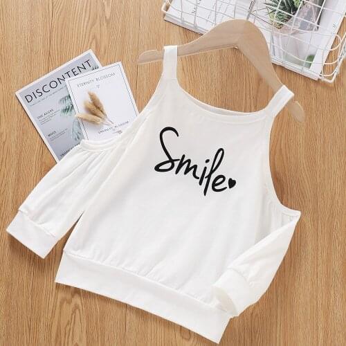 Emmababy New Style Toddler Girls Letter Print Pullover Casual Long Sleeve Cold Shoulder Strap Tops 1-6T